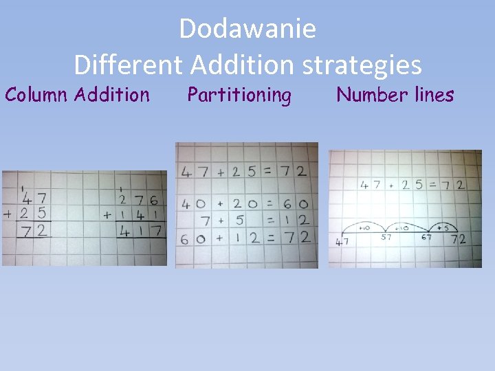 Dodawanie Different Addition strategies Column Addition Partitioning Number lines 