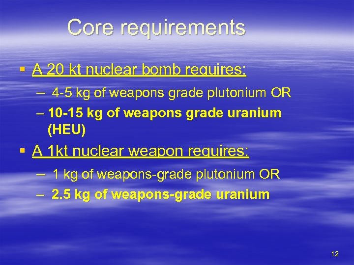 Core requirements § A 20 kt nuclear bomb requires: – 4 -5 kg of