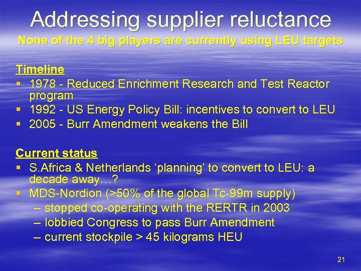 Addressing supplier reluctance None of the 4 big players are currently using LEU targets