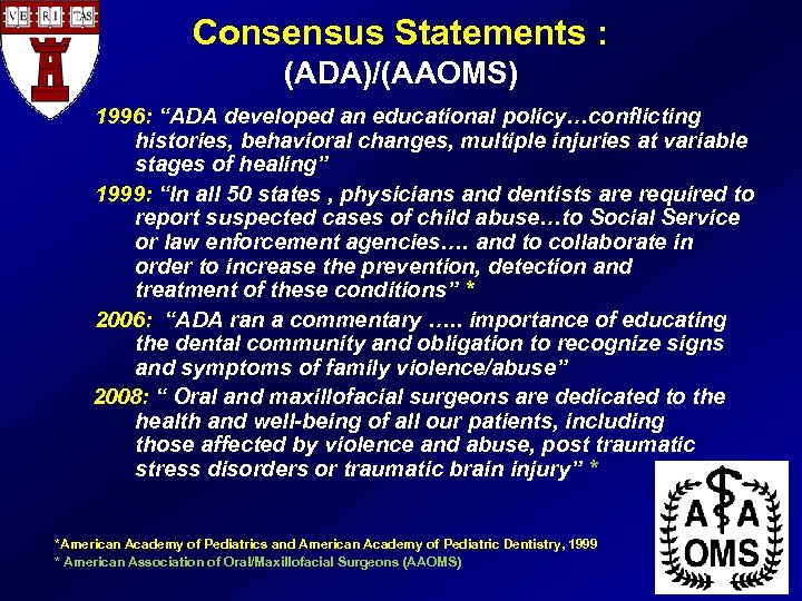 Consensus Statements : (ADA)/(AAOMS) 1996: “ADA developed an educational policy…conflicting histories, behavioral changes, multiple