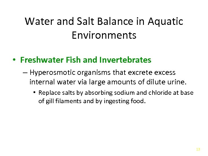 Water and Salt Balance in Aquatic Environments • Freshwater Fish and Invertebrates – Hyperosmotic