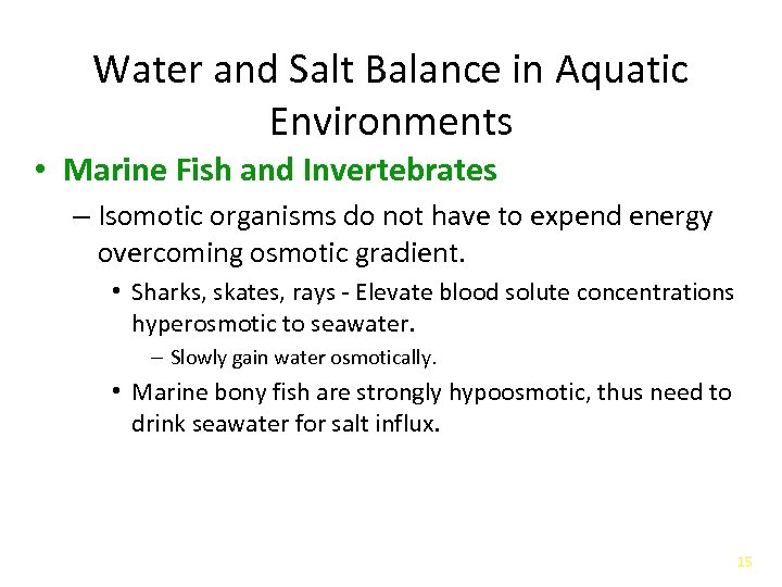 Water and Salt Balance in Aquatic Environments • Marine Fish and Invertebrates – Isomotic