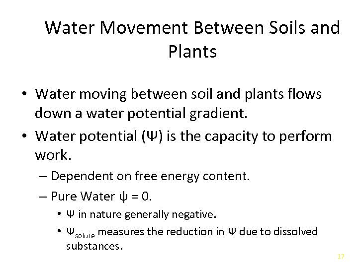 Water Movement Between Soils and Plants • Water moving between soil and plants flows