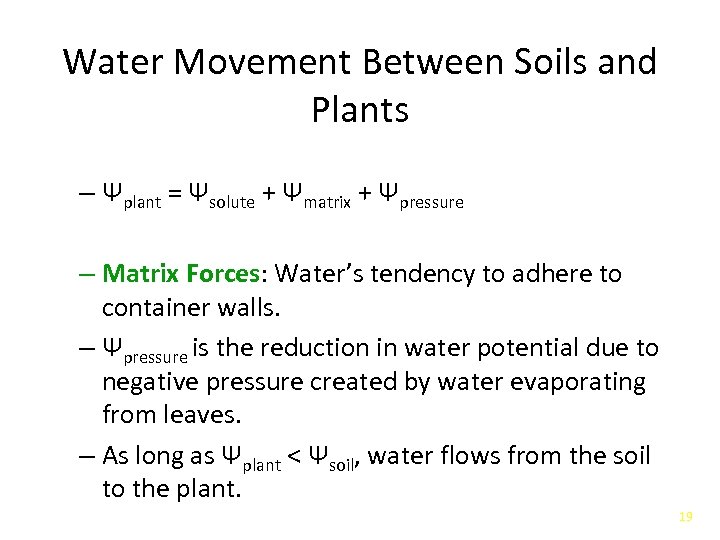 Water Movement Between Soils and Plants – Ψplant = Ψsolute + Ψmatrix + Ψpressure