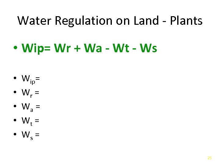 Water Regulation on Land - Plants • Wip= Wr + Wa - Wt -