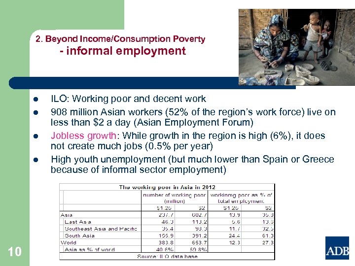 2. Beyond Income/Consumption Poverty - informal employment l l 10 ILO: Working poor and