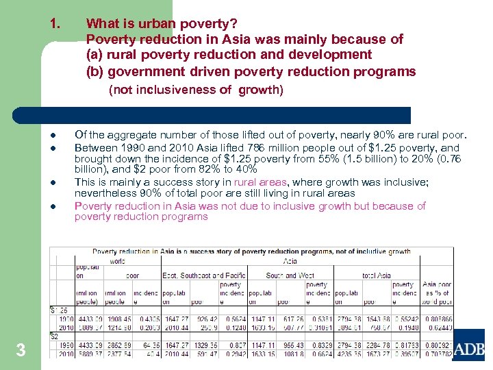 1. What is urban poverty? Poverty reduction in Asia was mainly because of (a)