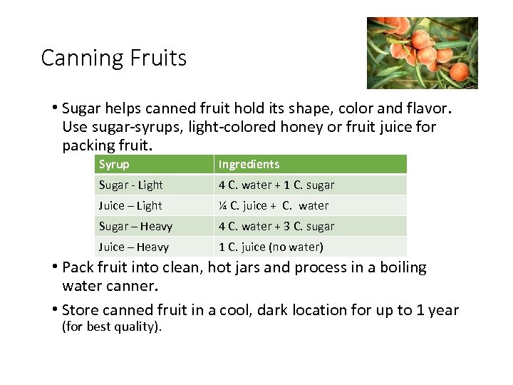 Canning Fruits • Sugar helps canned fruit hold its shape, color and flavor. Use