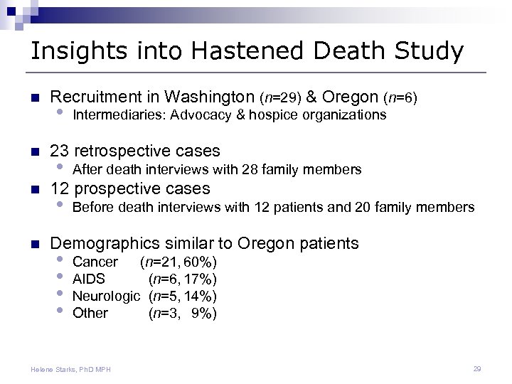 Insights into Hastened Death Study n n Recruitment in Washington (n=29) & Oregon (n=6)