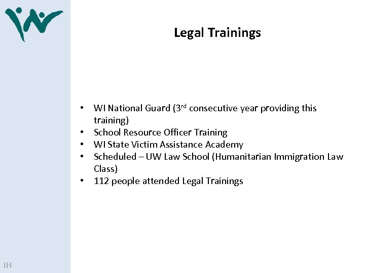 Legal Trainings • WI National Guard (3 rd consecutive year providing this training) •