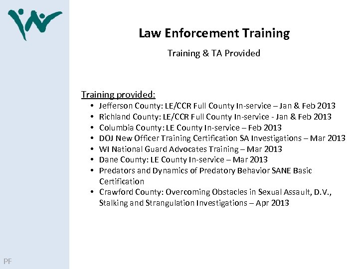 Law Enforcement Training & TA Provided Training provided: Jefferson County: LE/CCR Full County In‐service
