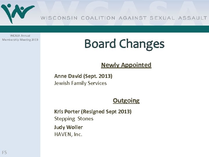 WCASA Annual Membership Meeting 2013 Board Changes Newly Appointed Anne David (Sept. 2013) Jewish