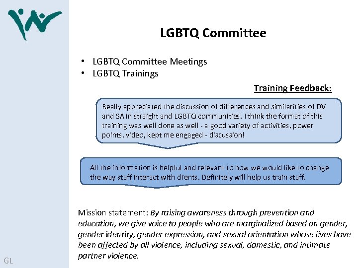 LGBTQ Committee • LGBTQ Committee Meetings • LGBTQ Trainings Training Feedback: Really appreciated the