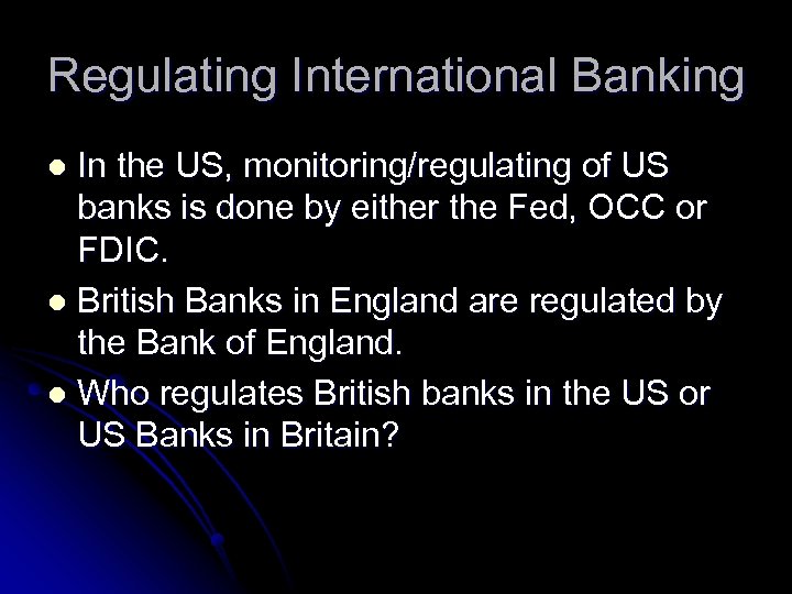 Regulating International Banking In the US, monitoring/regulating of US banks is done by either