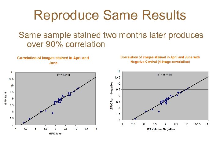 Reproduce Same Results Same sample stained two months later produces over 90% correlation 