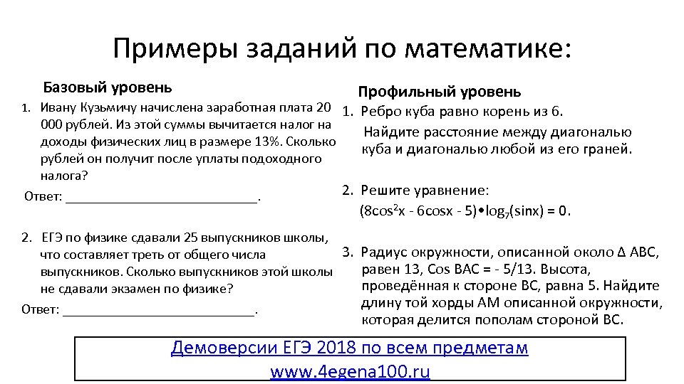 Примеры заданий по математике: Базовый уровень 1. Ивану Кузьмичу начислена заработная плата 20 Профильный