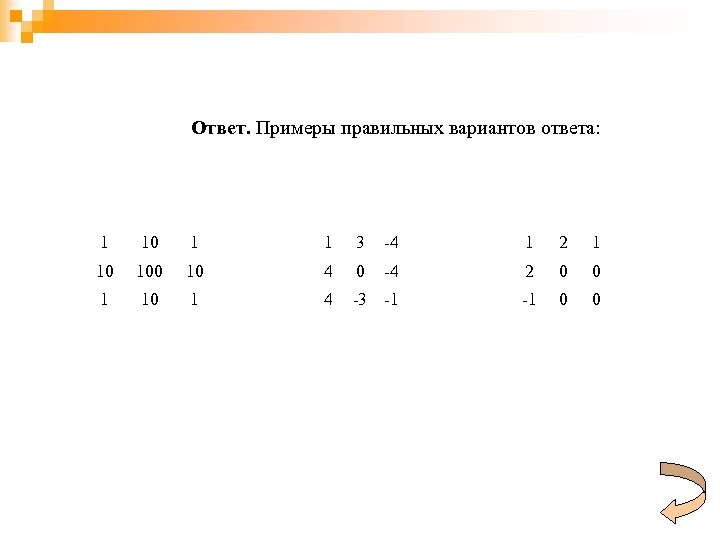 Ответ. Примеры правильных вариантов ответа: 1 10 1 1 3 -4 1 2 1