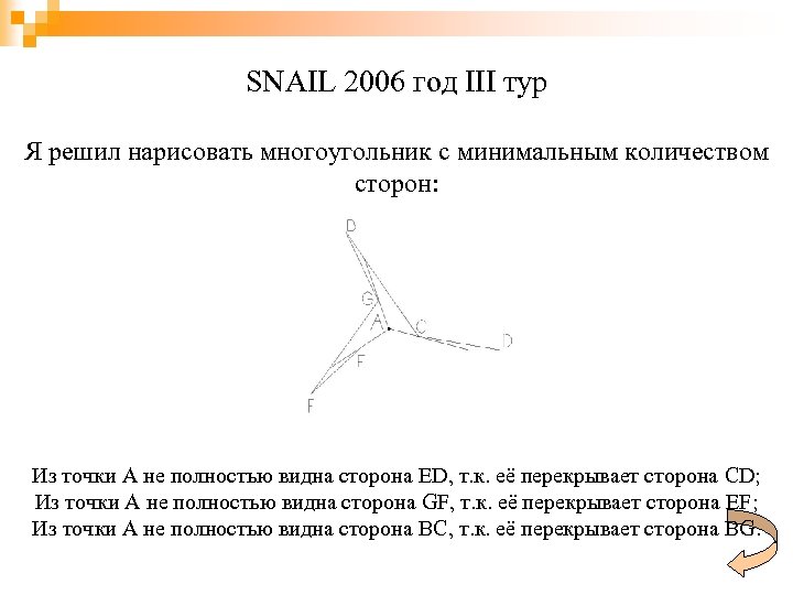 SNAIL 2006 год III тур Я решил нарисовать многоугольник с минимальным количеством сторон: Из