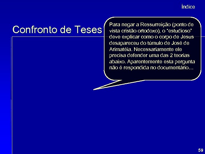 Índice Confronto de Teses Posições a respeito de Jesus 1. Nega Pessoa de Jesus