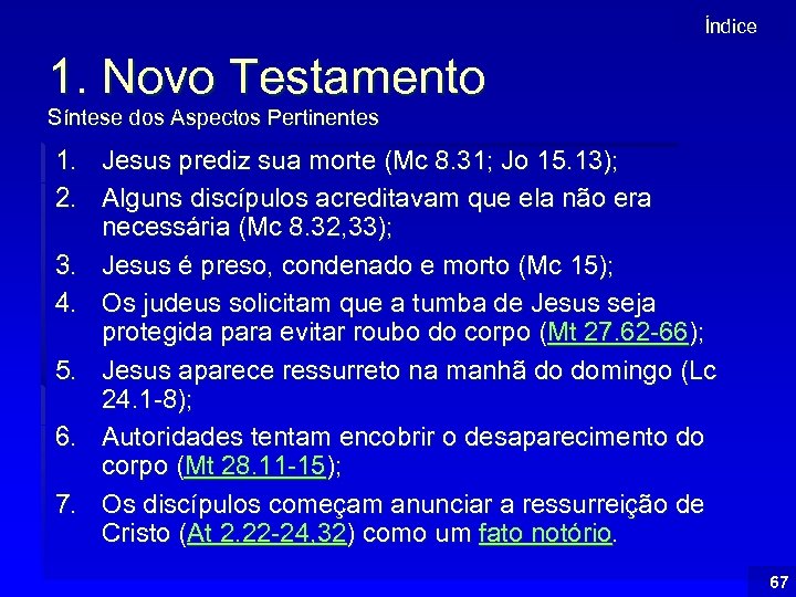 Índice 1. Novo Testamento Síntese dos Aspectos Pertinentes 1. Jesus prediz sua morte (Mc