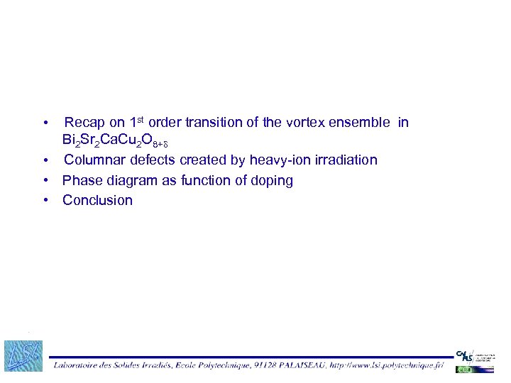  • Recap on 1 st order transition of the vortex ensemble in Bi