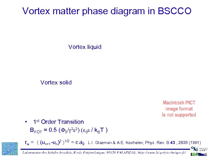 Vortex matter phase diagram in BSCCO Vortex liquid Vortex solid • 1 st Order