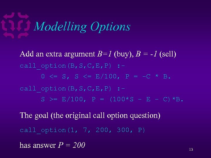 Modelling Options Add an extra argument B=1 (buy), B = -1 (sell) call_option(B, S,