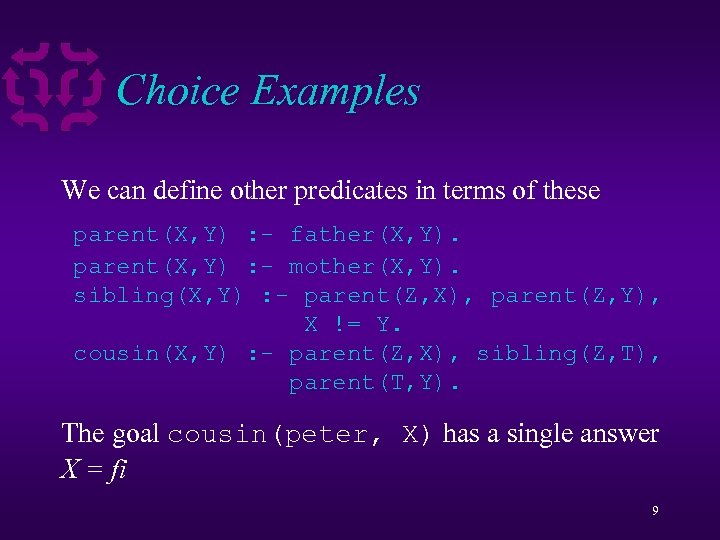 Choice Examples We can define other predicates in terms of these parent(X, Y) :