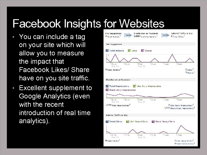 Facebook Insights for Websites • You can include a tag on your site which