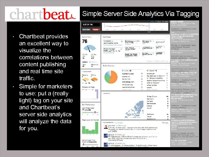 Simple Server Side Analytics Via Tagging • Chartbeat provides an excellent way to visualize