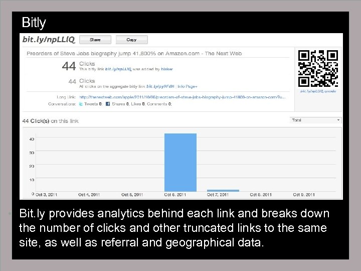 Bitly • Bit. ly provides analytics behind each link and breaks down the number