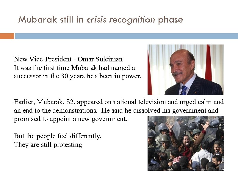 Mubarak still in crisis recognition phase New Vice-President - Omar Suleiman It was the