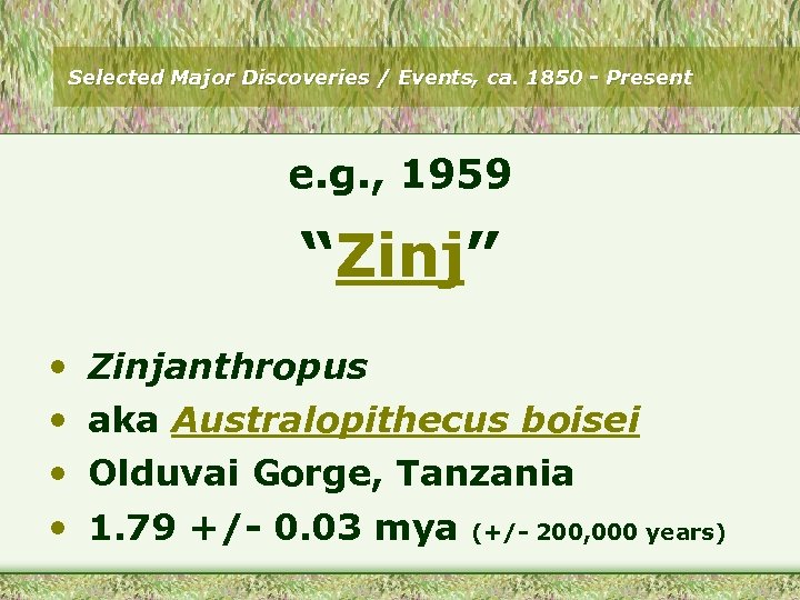 Selected Major Discoveries / Events, ca. 1850 - Present e. g. , 1959 “Zinj”