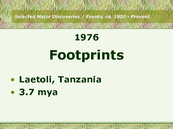 Selected Major Discoveries / Events, ca. 1850 - Present 1976 Footprints • Laetoli, Tanzania