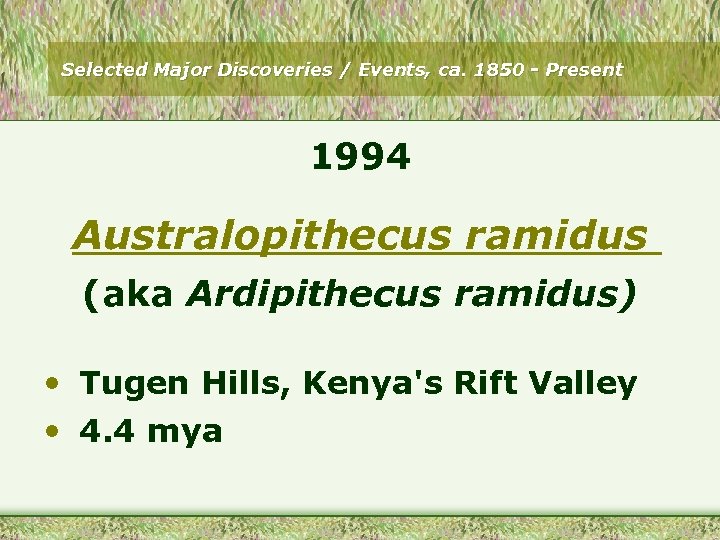 Selected Major Discoveries / Events, ca. 1850 - Present 1994 Australopithecus ramidus (aka Ardipithecus