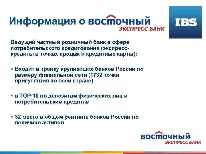 Информация о Ведущий частный розничный банк в сфере потребительского кредитования (экспресскредиты в точках продаж