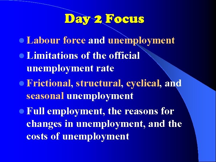 Day 2 Focus l Labour force and unemployment l Limitations of the official unemployment