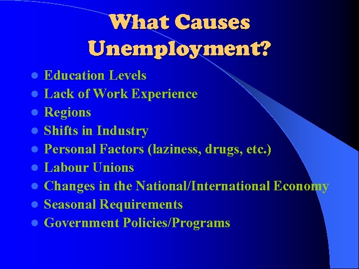 What Causes Unemployment? l l l l l Education Levels Lack of Work Experience