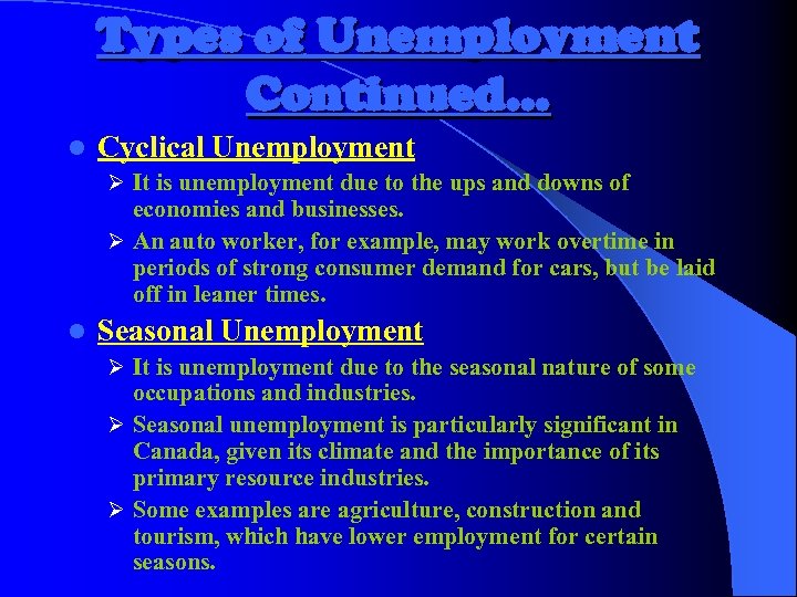 Types of Unemployment Continued… l Cyclical Unemployment Ø It is unemployment due to the