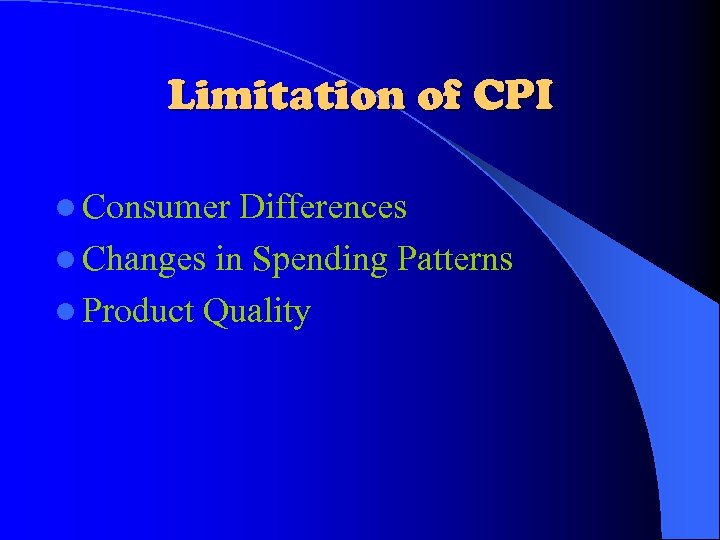 Limitation of CPI l Consumer Differences l Changes in Spending Patterns l Product Quality