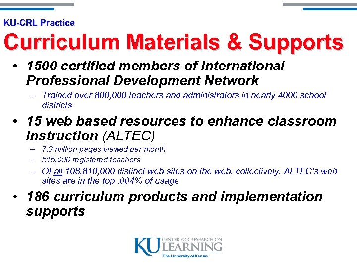 KU-CRL Practice Curriculum Materials & Supports • 1500 certified members of International Professional Development