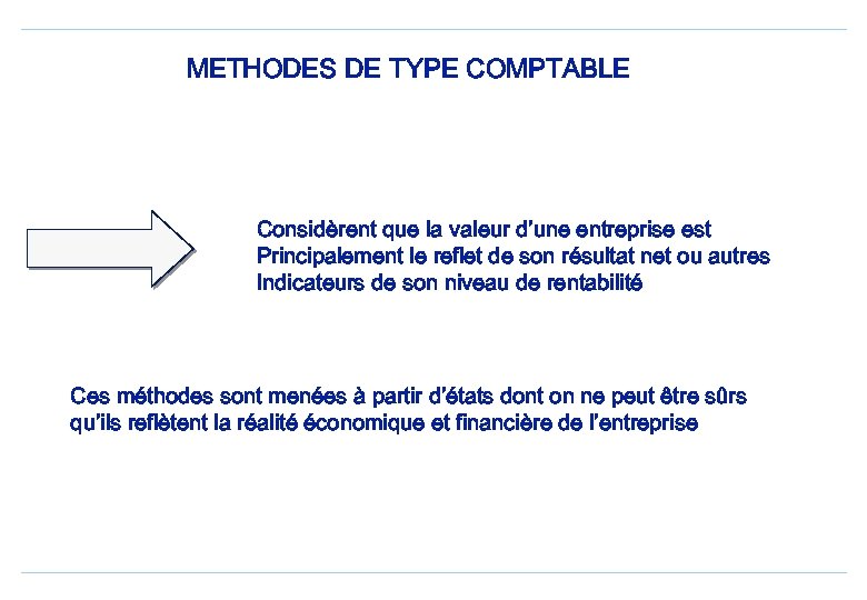 METHODES DE TYPE COMPTABLE Considèrent que la valeur d’une entreprise est Principalement le reflet