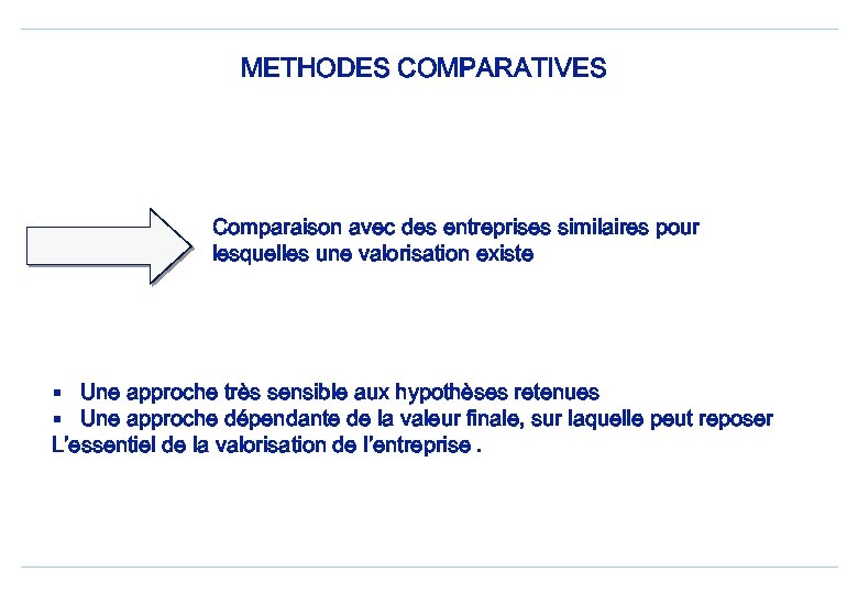 METHODES COMPARATIVES Comparaison avec des entreprises similaires pour lesquelles une valorisation existe § Une