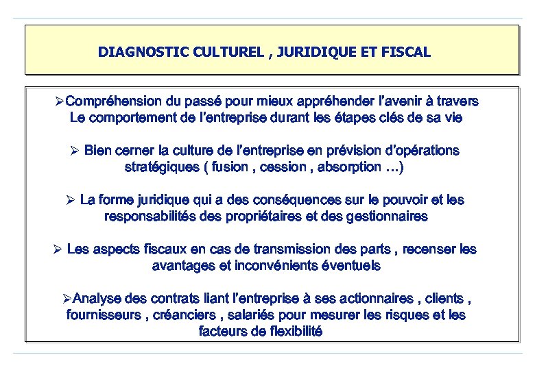 DIAGNOSTIC CULTUREL , JURIDIQUE ET FISCAL ØCompréhension du passé pour mieux appréhender l’avenir à