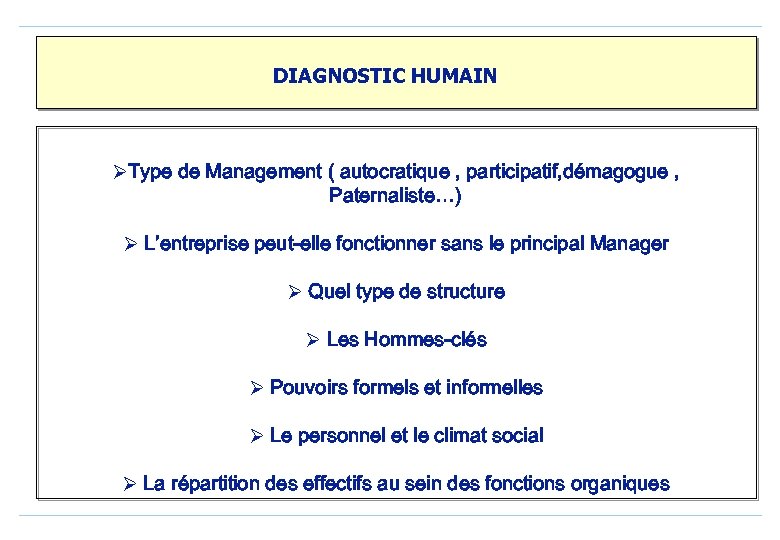 DIAGNOSTIC HUMAIN ØType de Management ( autocratique , participatif, démagogue , Paternaliste…) Ø L’entreprise