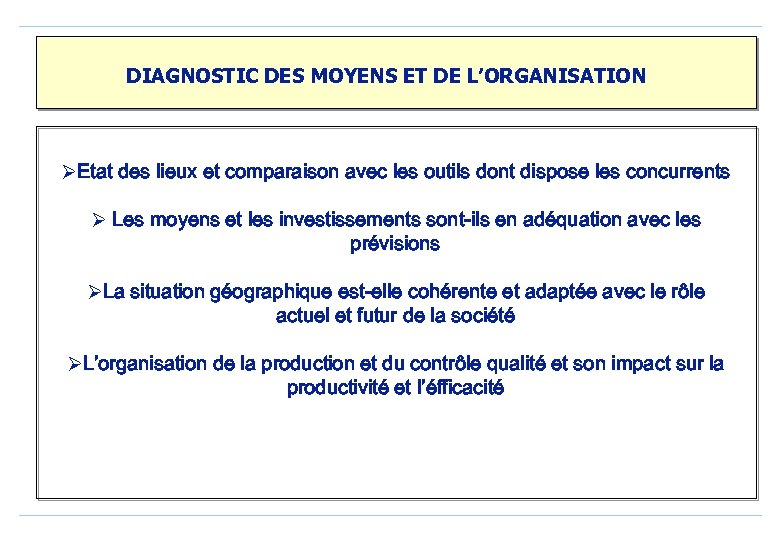 DIAGNOSTIC DES MOYENS ET DE L’ORGANISATION ØEtat des lieux et comparaison avec les outils