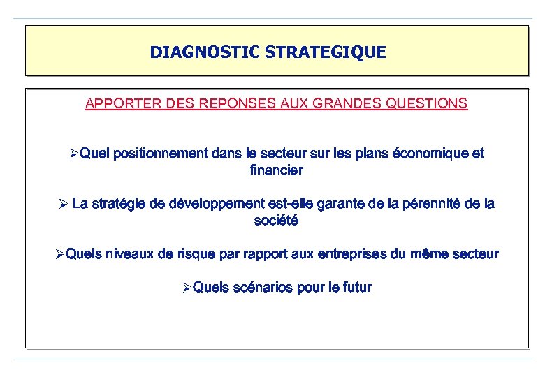 DIAGNOSTIC STRATEGIQUE APPORTER DES REPONSES AUX GRANDES QUESTIONS ØQuel positionnement dans le secteur sur