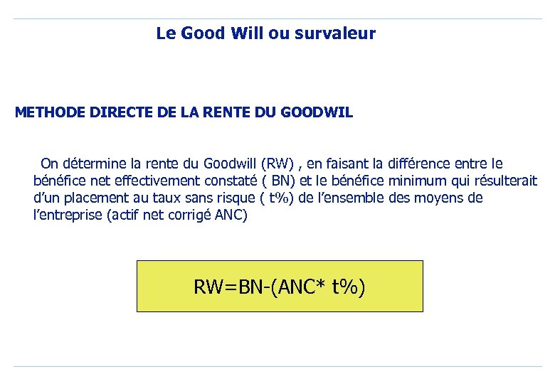 Le Good Will ou survaleur METHODE DIRECTE DE LA RENTE DU GOODWIL On détermine