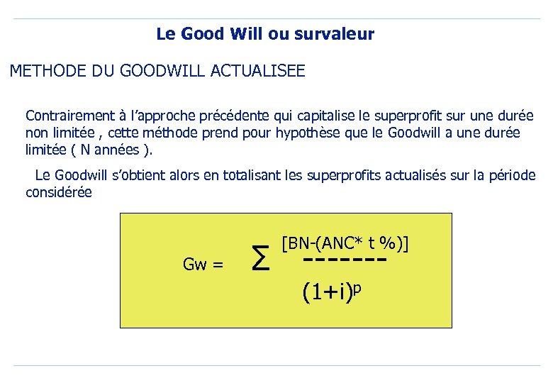 Le Good Will ou survaleur METHODE DU GOODWILL ACTUALISEE Contrairement à l’approche précédente qui