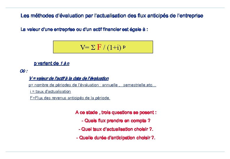 Les méthodes d’évaluation par l’actualisation des flux anticipés de l’entreprise La valeur d’une entreprise